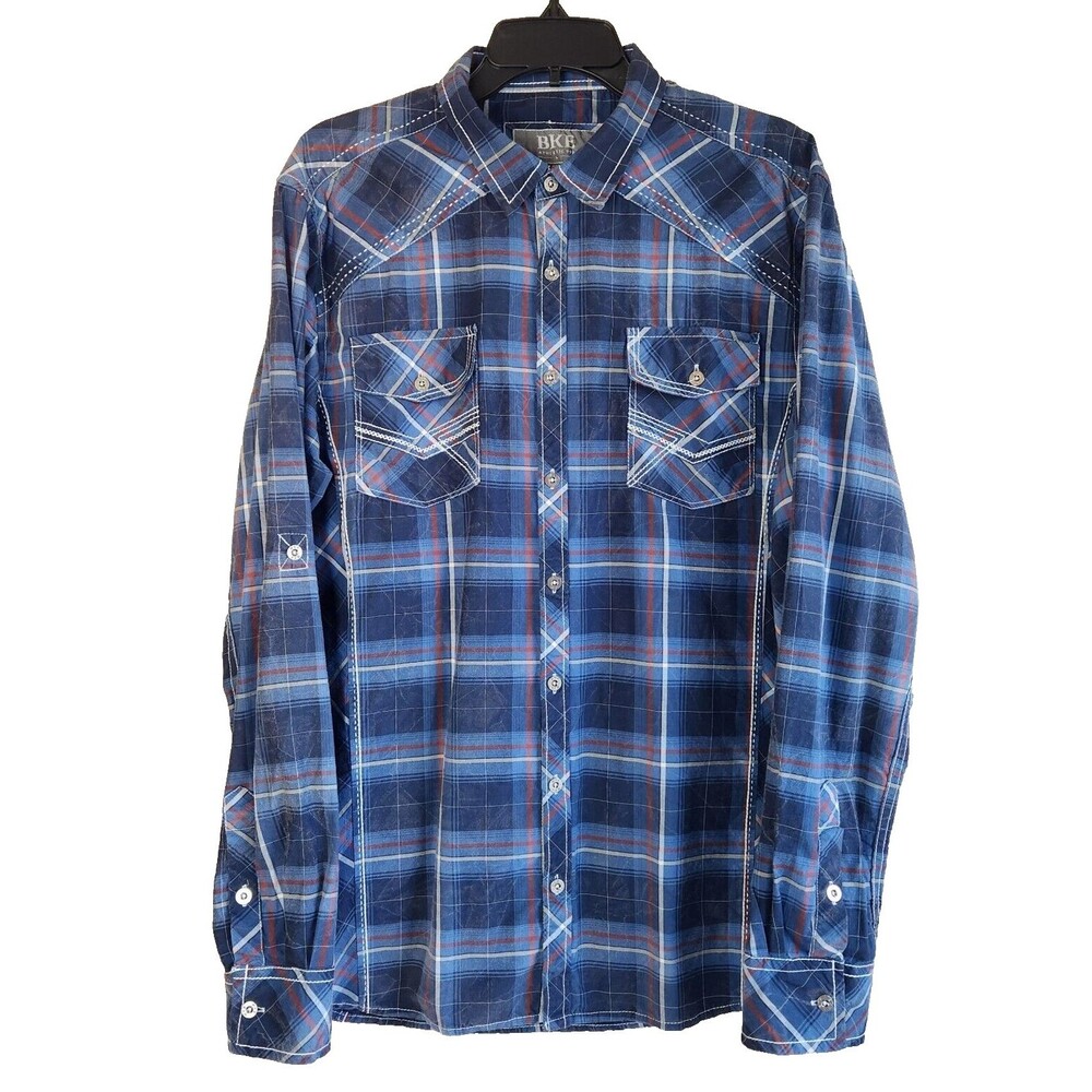 Western BKE Mens L Athletic Metal Buttons Embroidery Blue Long Sleeve size Large